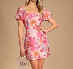 Lulus So Stunning Pink Floral Jacquard Puff Sleeve Mini Dress